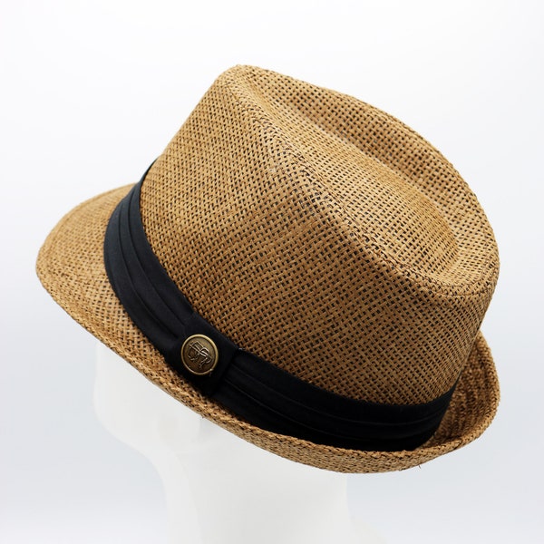 Brauner Fedora Strohhut, quadratischer Strohhut, Strandhut, Sun Boho Hut, kurzer Krempenhut, Männer Sommerhut, Frau Strohhut, Sommergeschenk