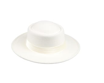 Pearl White Women Boater Hat, Vegan Felt Stiff Brim Fedora Hat,  Hatsquare Bolero Hat, Women Wide Brim Hat, Flat Brim, Round Captain Hat