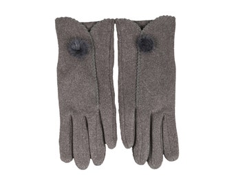 Gray Fleece Gloves with Little Pom Pom, Touchscreen Women Winter Gloves, Female One Size Glove, Flexible Gloves , Mobile Phone Gloves