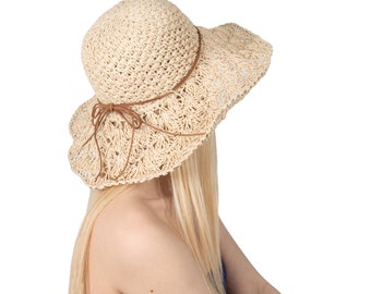 Beige Summer Lace Style Wide Brim Straw Hat, Holiday Hat, Women Summer Hat, Beach Hat, Sun Hat, Boho Hat, Women Hat, Foldable Sun Hat
