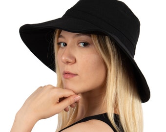 Black Linen Wide Brim Bucket Hat, Bright Color Summer Bucket Hat, Foldable One Size Hat, Hatsquare Women Sun Hat, Linen Hat, Fishermans Hat,