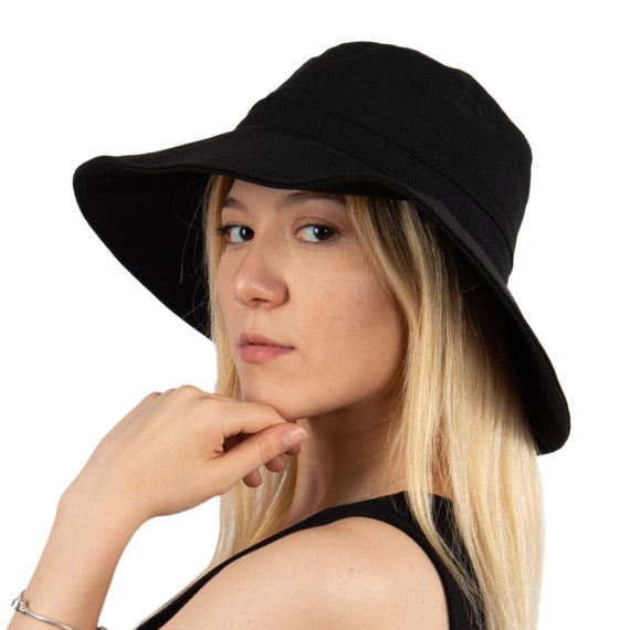 Black Linen Wide Brim Bucket Hat, Bright Color Summer Bucket  display picture 2