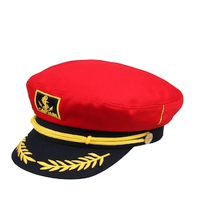 Red Skipper Sailor Captain Hat, Unisex Anchor Embroidered Boating Cap, Handmade Man Navy Officer Hat, Yachtsman Nautical First Mate Hat