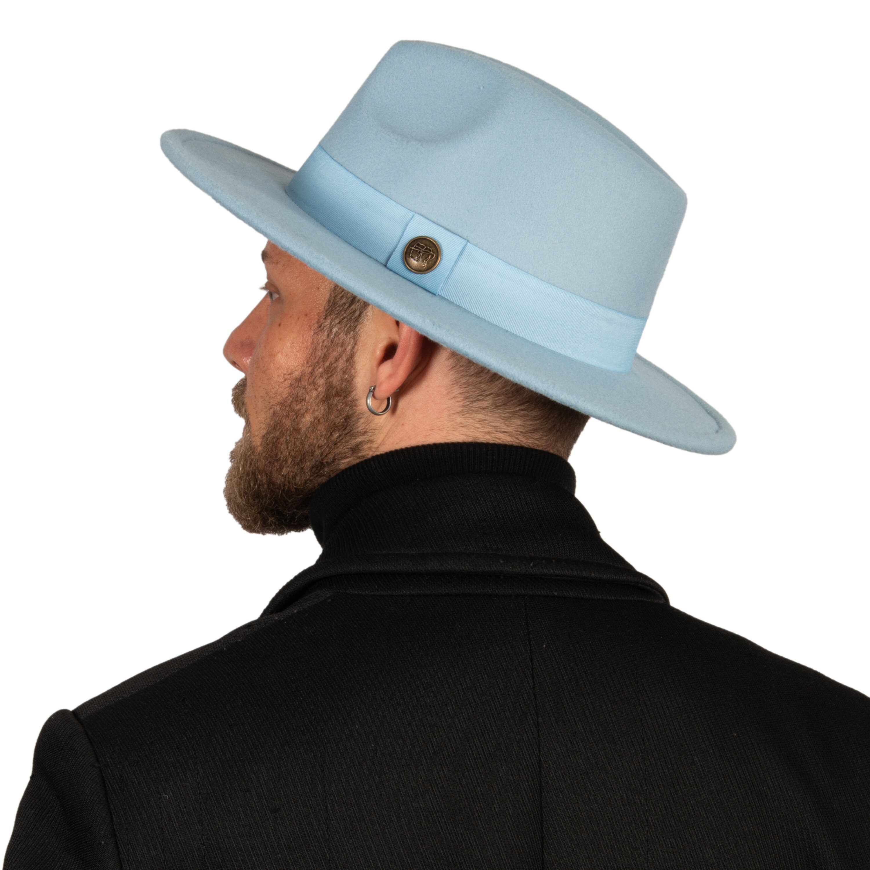 Baby Blue Fedora Hat, Vegan Felt Stiff Brim Hat, Men Winter 