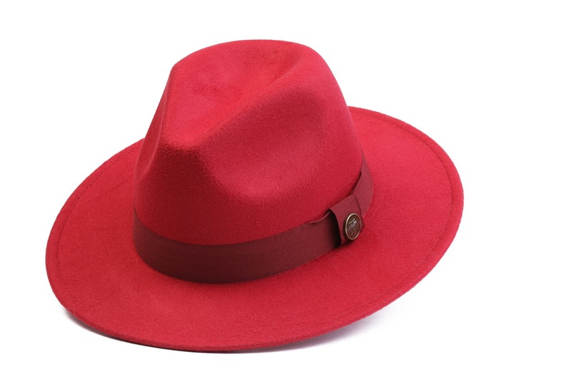 Red Fedora Hat, Vegan Felt Stiff Brim Hat, Men Winter Hat, Women Wide Brim Hat, Stiff Fedora Hat, Flat Brim, Bridesmaid / Groomsman Hat image 1