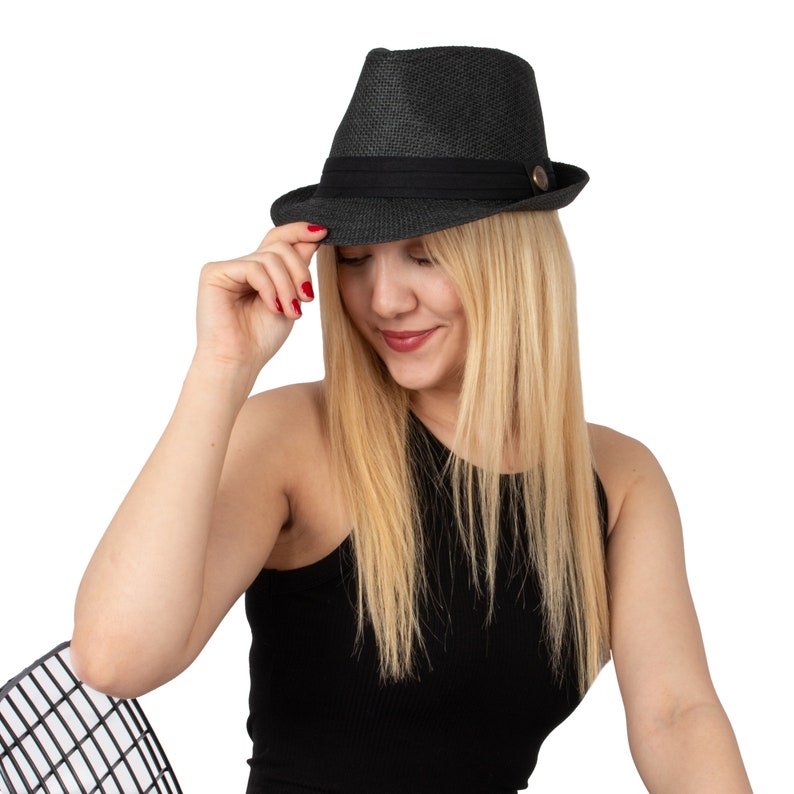 Kleurrijke stro Fedora hoed, zomer Fedora hoed, strandhoed, mannen zomerhoed, vrouwen zon Boho hoed, korte rand hoed, bruidsjonkers cadeau, bruidsmeisje hoed Zwart