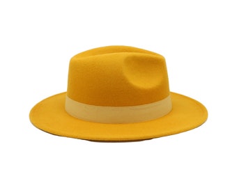 Yellow Fedora Hat Vegan Felt Stiff Brim 
