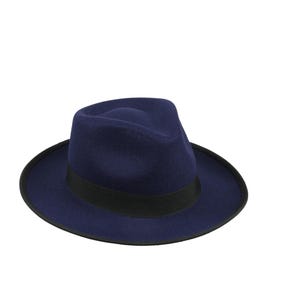 Dark Blue Vegan Felt Fedora Hat, Hatsquare Men Winter Hat, Mid-Stiff Fedora Hat, Women Wide Brim Hat, Flat Brim, Bridesmaid / Groomsman Hat