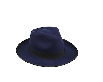 May include: A navy blue fedora hat with a black band.