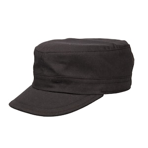 May include: A black military-style cap with a flat top and a short, stiff brim. The cap has a structured design with a band around the crown and is made of a solid, dark fabric. The cap is a classic accessory.
