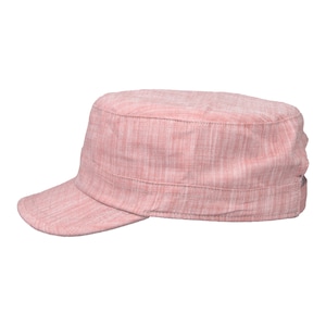 May include: A pink canvas military style cap with a structured crown and a curved brim.