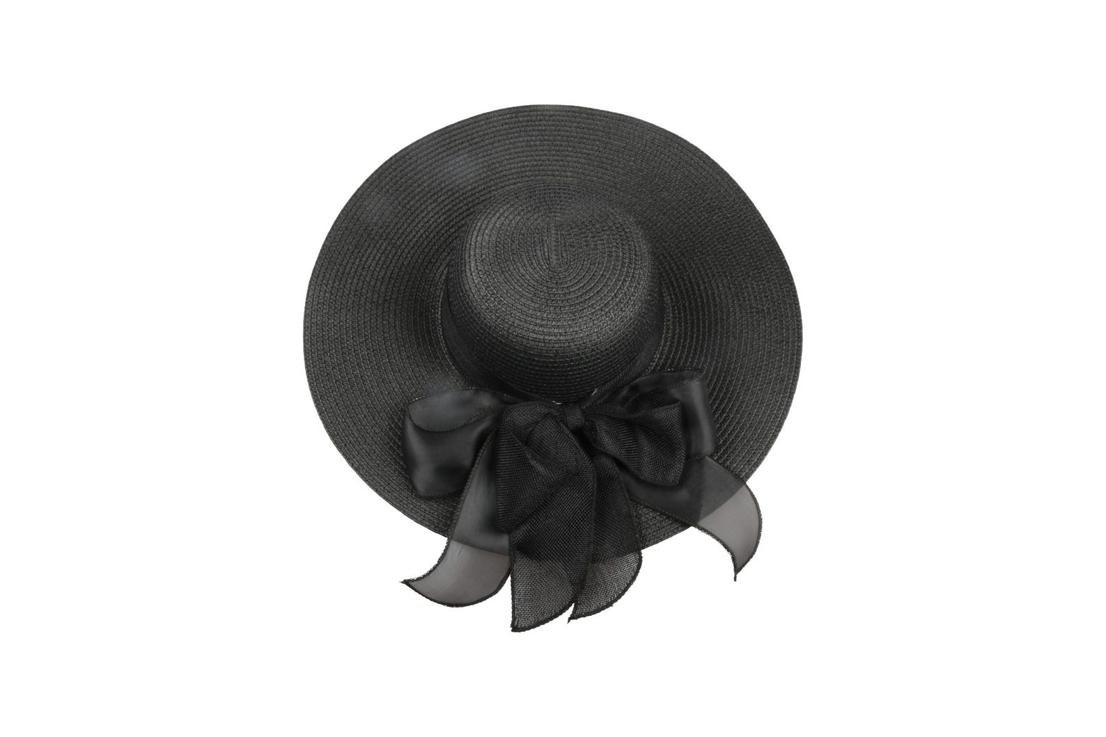 Wide-brim romantic goth sun hat with sheer black bow, ideal for summer goth garden parties or moody beachwear.
