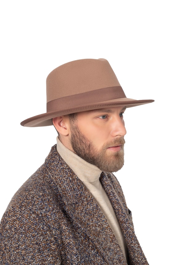 Milky Brown Vegan Felt Fedora Hat, Hatsquare Men Winter Hat  display picture 2