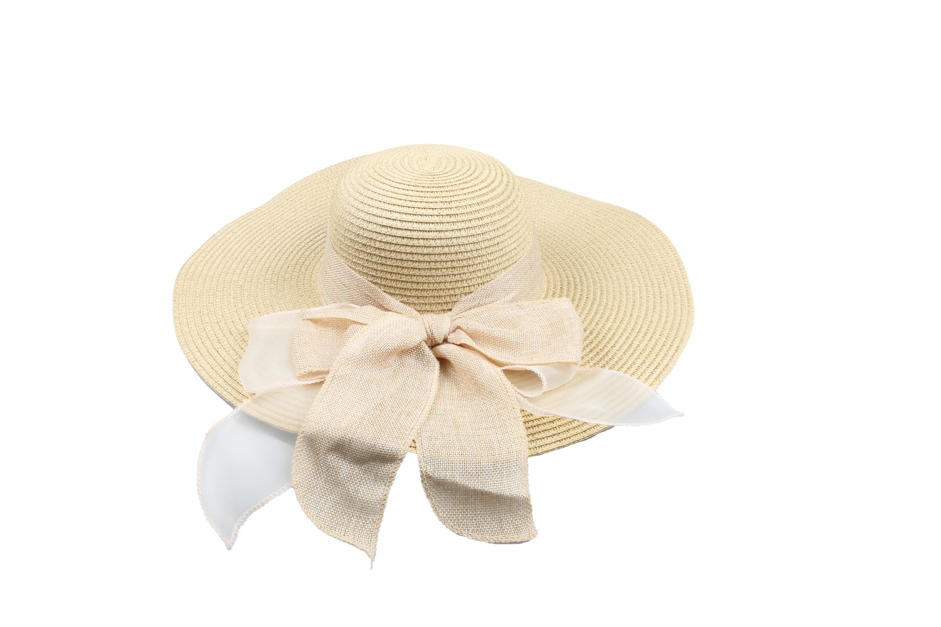 Beige Romantic Vintage Style Wide Brim Straw Hat, Double Bow 