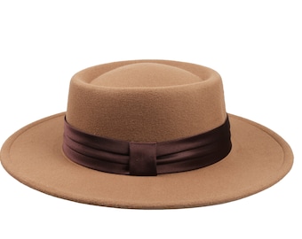 Latte Color Women Boater Hat, Vegan Felt Stiff Brim Fedora Hat,  Hatsquare Bolero Hat, Women Wide Brim Hat, Flat Brim, Round Captain Hat