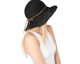 Black Summer Lace Style Wide Brim Straw Hat, Holiday Hat, Women Summer Hat, Beach Hat, Sun Hat, Boho Hat, Women Hat, Foldable Hat