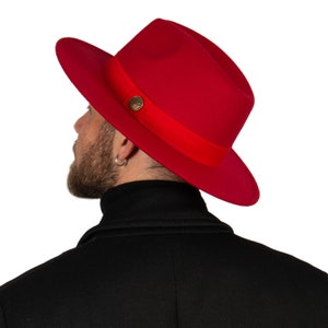 Red Fedora Hat, Vegan Felt Stiff Brim Hat, Men Winter Hat, Women Wide Brim Hat, Stiff Fedora Hat, Flat Brim, Bridesmaid / Groomsman Hat image 4