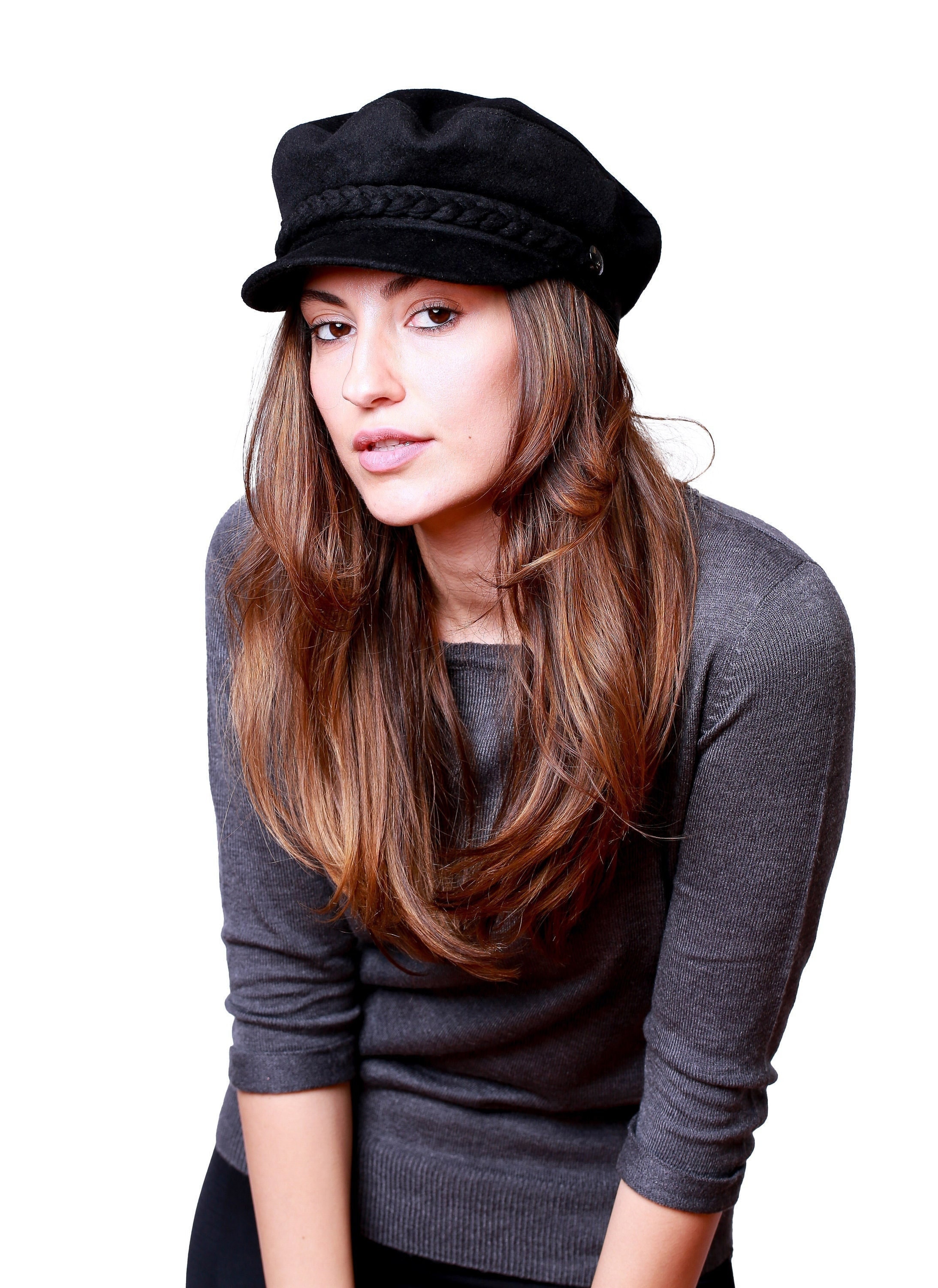 Black Women Wool Fiddler Hat, Hatsquare Women Newsboy Cap, Cabbie Hat, Sailor Captain Hat, Skipper Officer Hat, Yachtsman Fisherman Cap