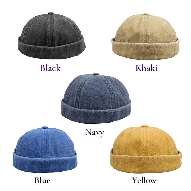 May include: A collection of five docker hats in various colors: black, khaki, navy, blue, and yellow. Each hat has a rounded crown and a folded brim. The names of the colors are displayed below each hat.