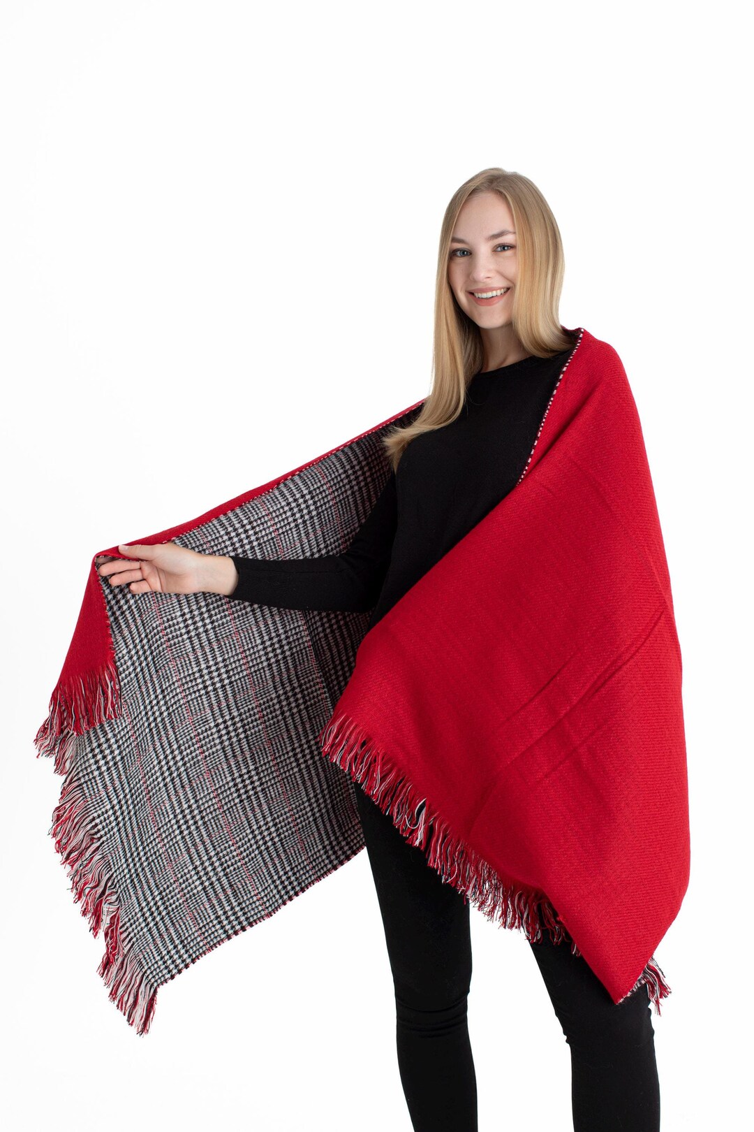 Shawl Wrap Tassel Scarf Wine Scarf Ladies Red Double Sided Winter