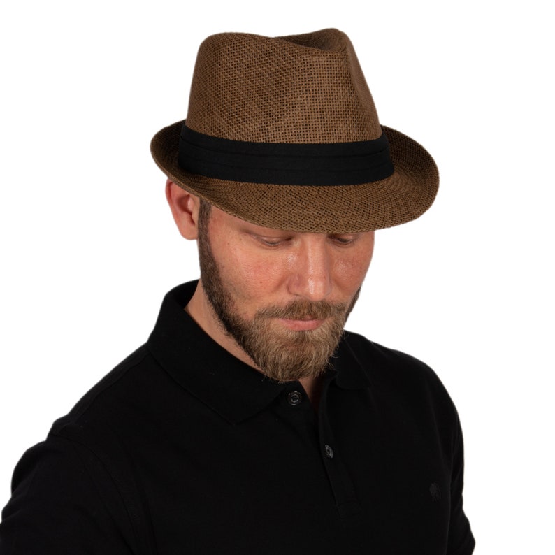 Kleurrijke stro Fedora hoed, zomer Fedora hoed, strandhoed, mannen zomerhoed, vrouwen zon Boho hoed, korte rand hoed, bruidsjonkers cadeau, bruidsmeisje hoed Bruin