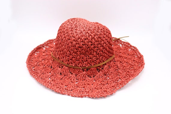 Coral Red Summer Lace Style Wide Brim Straw Hat, Holiday Hat 