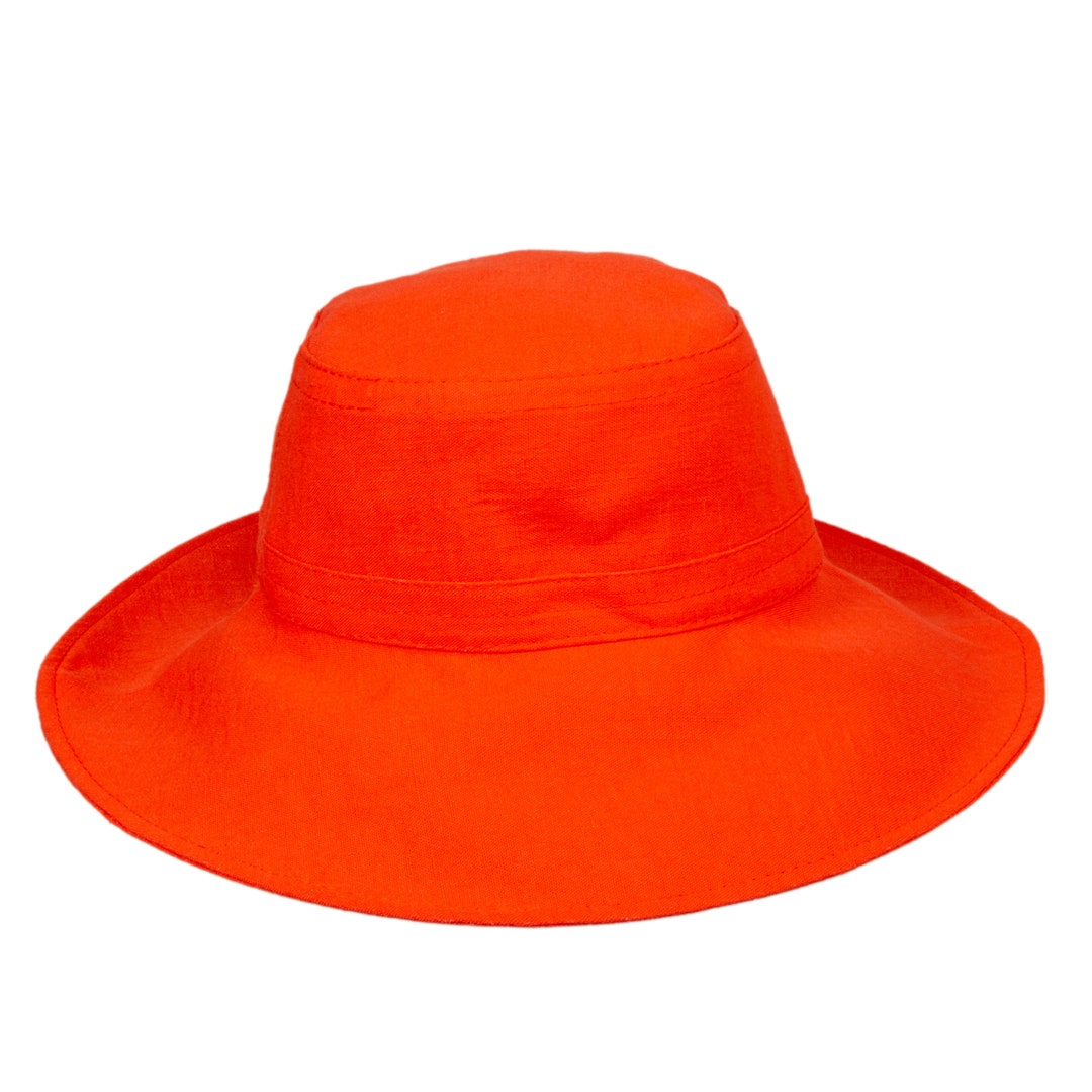 Orange Linen Wide Brim Bucket Hat, Bright Color Summer Bucket Hat