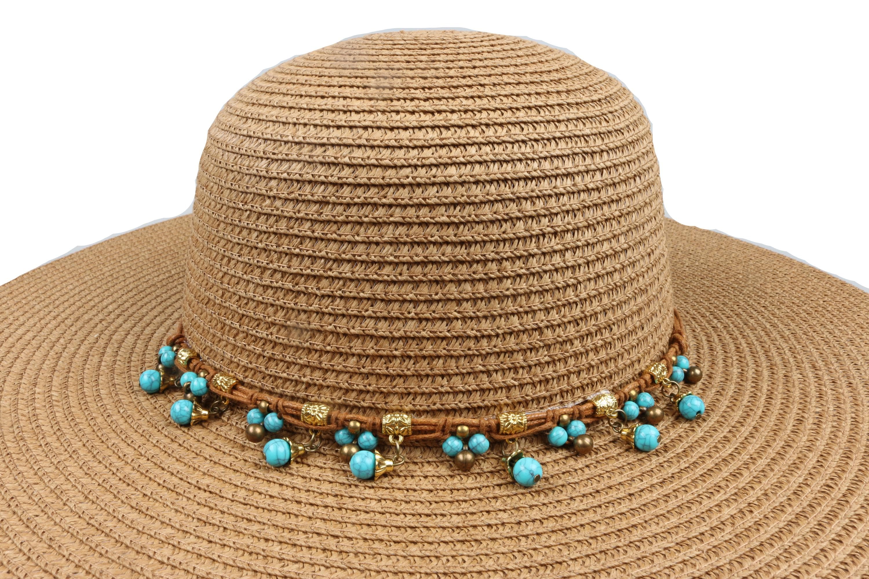 Camel Romantic Vintage Style Wide Brim Straw Hat, Blue Beads Beach
