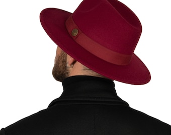 Sombrero Fedora borgoña, sombrero de ala rígida de fieltro vegano, sombrero de invierno para hombres, sombrero de ala ancha para mujeres, sombrero Fedora rígido, ala plana, sombrero de dama de honor / padrino