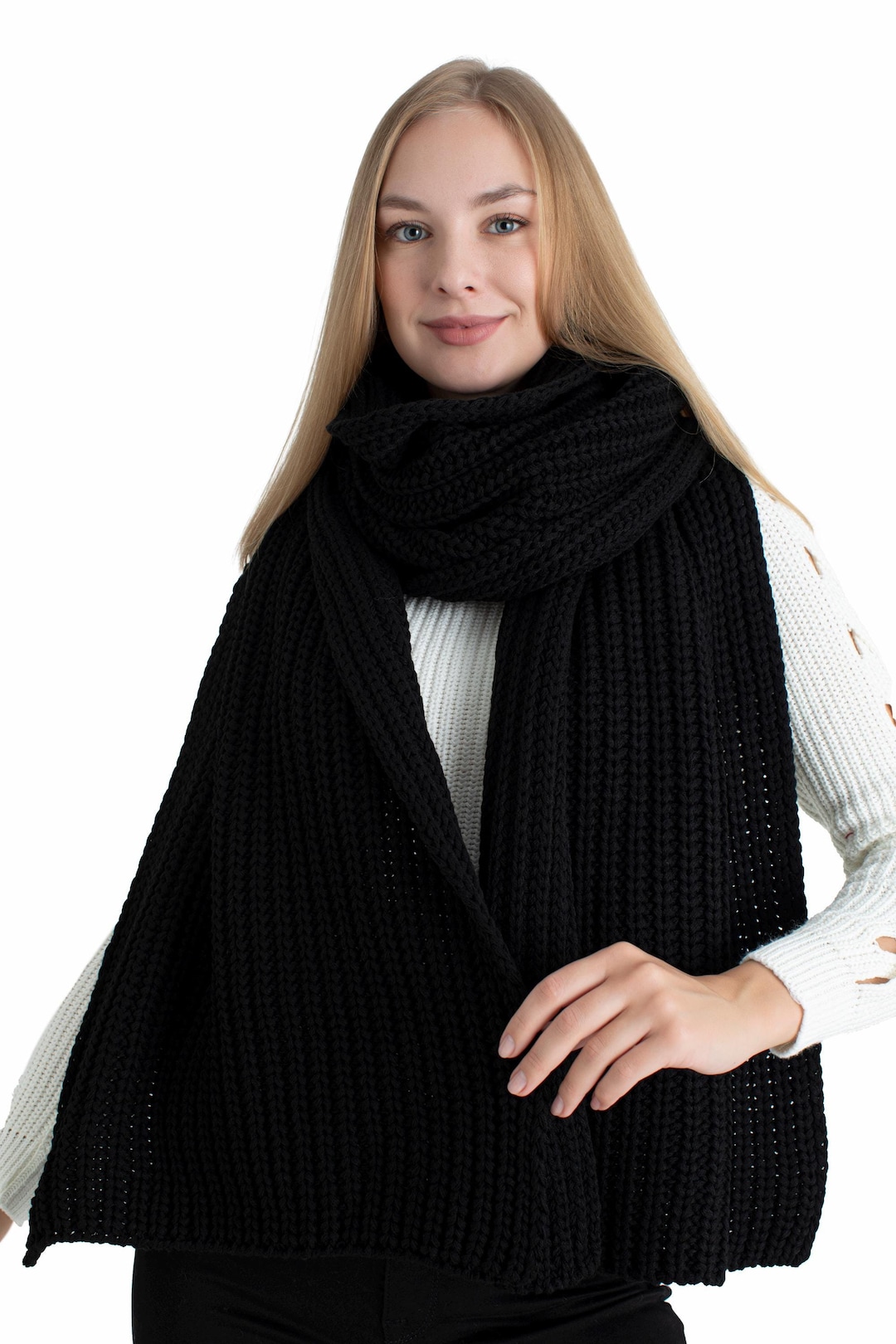 Black Oversize Extra Long Chunky Scarf, Unisex Winter Hand