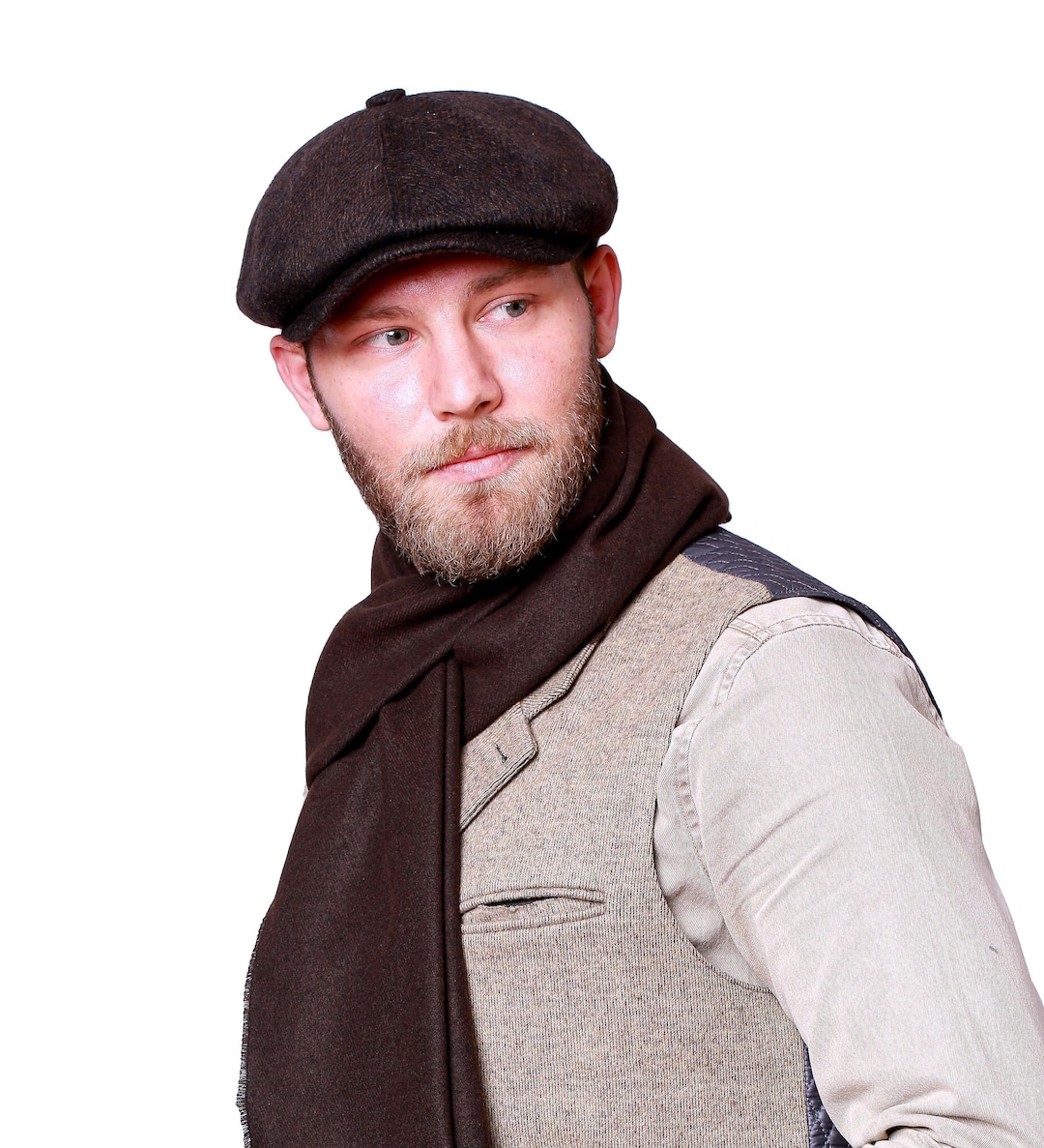 Dark Brown Herringbone Wool 8 Panels Cap, Hatsquare Baker Boy Hat