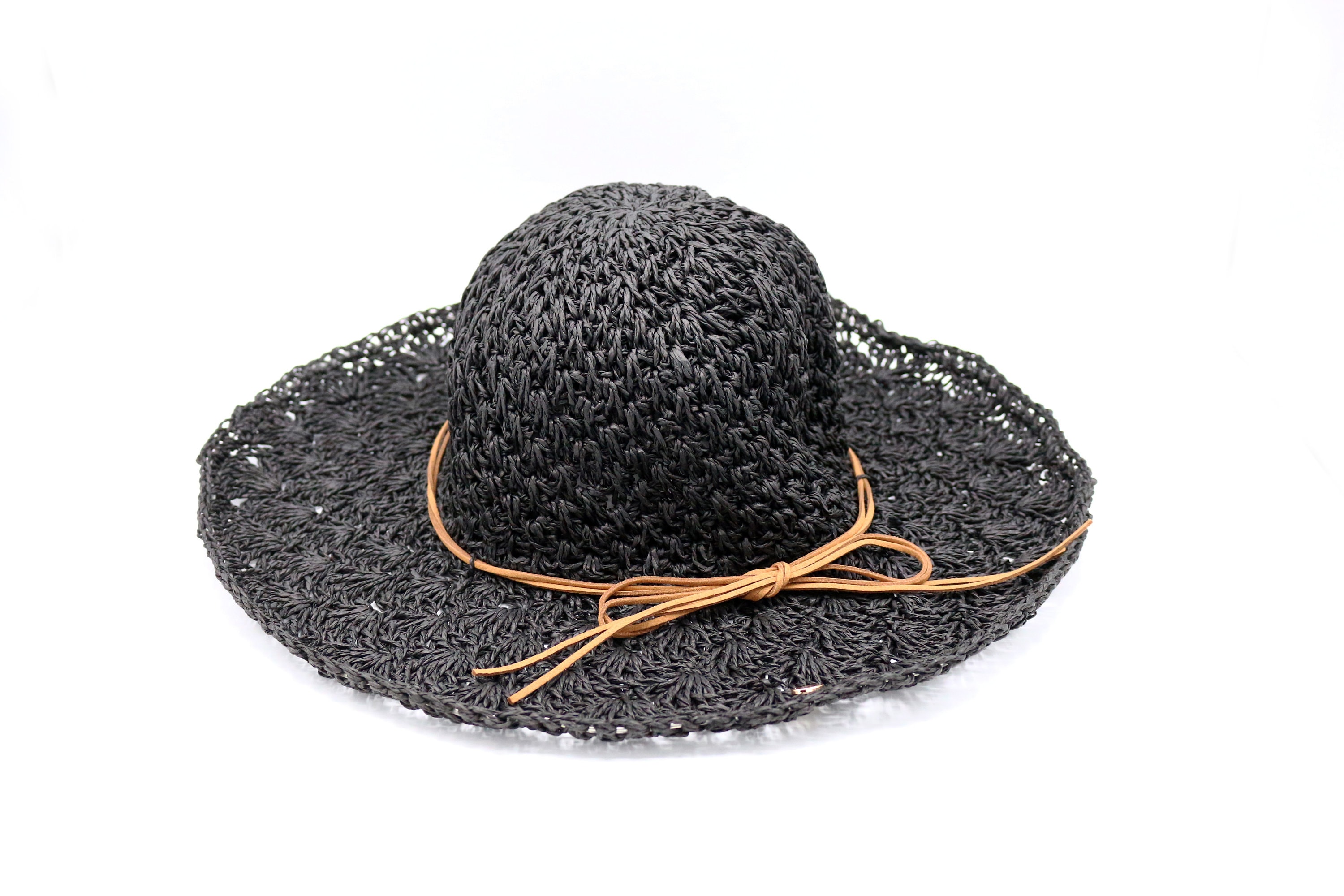Black Summer Lace Style Wide Brim Straw Hat, Holiday Hat 