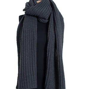 Dark Gray Oversize Extra Long Chunky Scarf, Unisex Winter Hand Knitted Shawl, Women Blanket Scarf, Soft Ribbed Shoulder Wrap, Christmas Gift