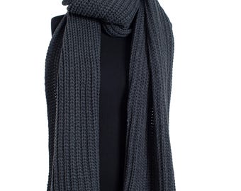 Donkergrijze oversized extra lange dikke sjaal, uniseks handgebreide wintersjaal, vrouwen dekensjaal, zachte geribbelde schouderomslag, kerstcadeau