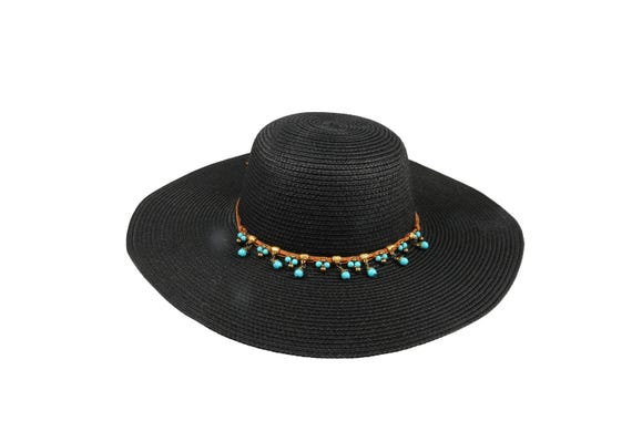 Black Romantic Vintage Style Wide Brim Straw Hat, Blue Beads  display picture 2