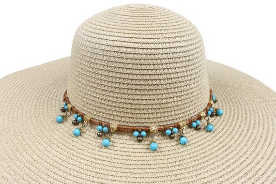 Beige Romantic Vintage Style Wide Brim Straw Hat, Blue Beads  display picture 1