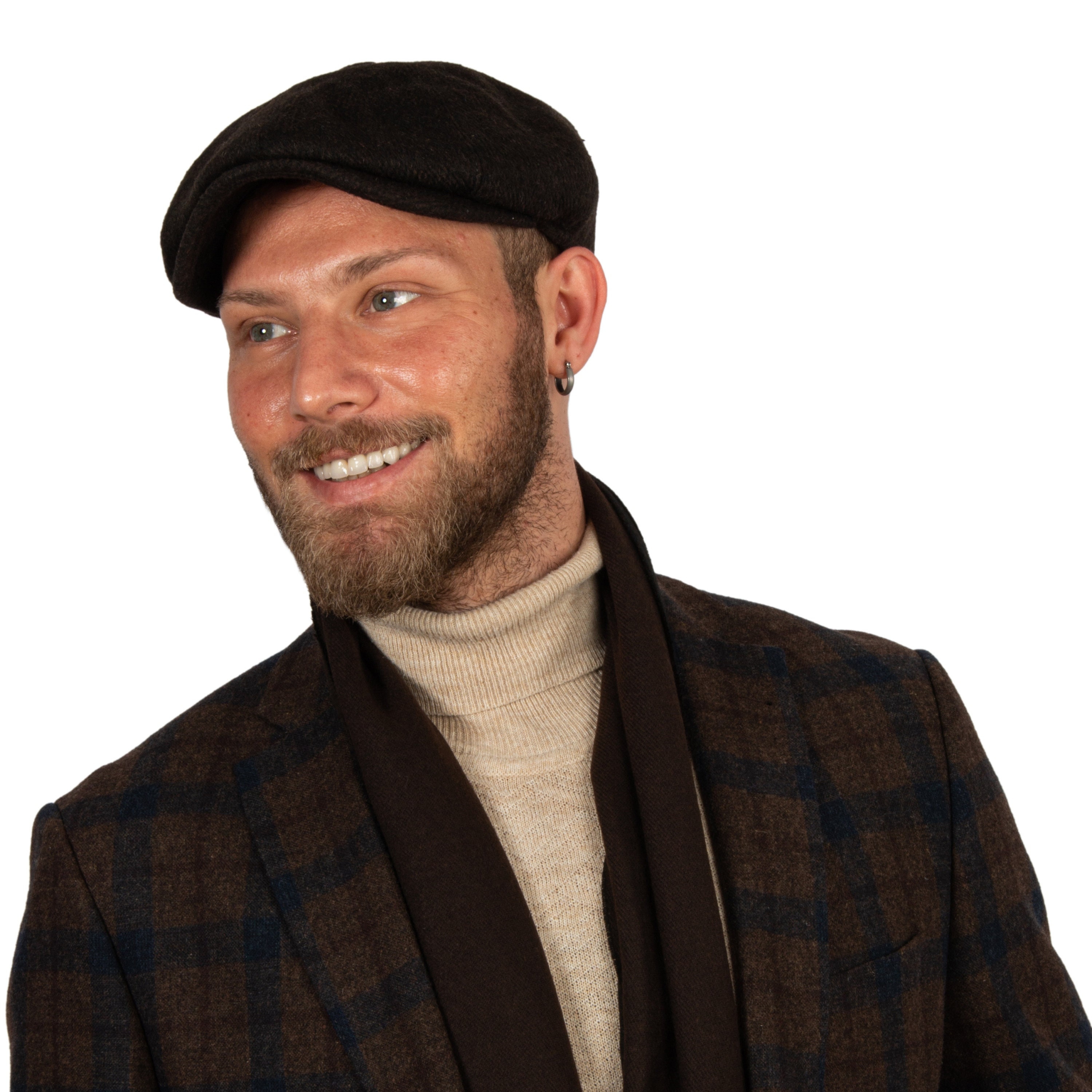 Dark Brown Herringbone Wool 8 Panels Cap, Baker Boy Hat, Irish