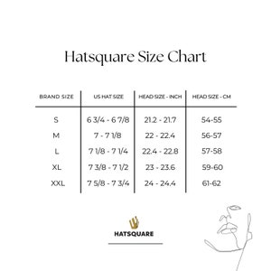 May include: Hatsquare size chart showing brand size, US hat size, head size in inches, and head size in centimeters. Sizes range from S to XXL.