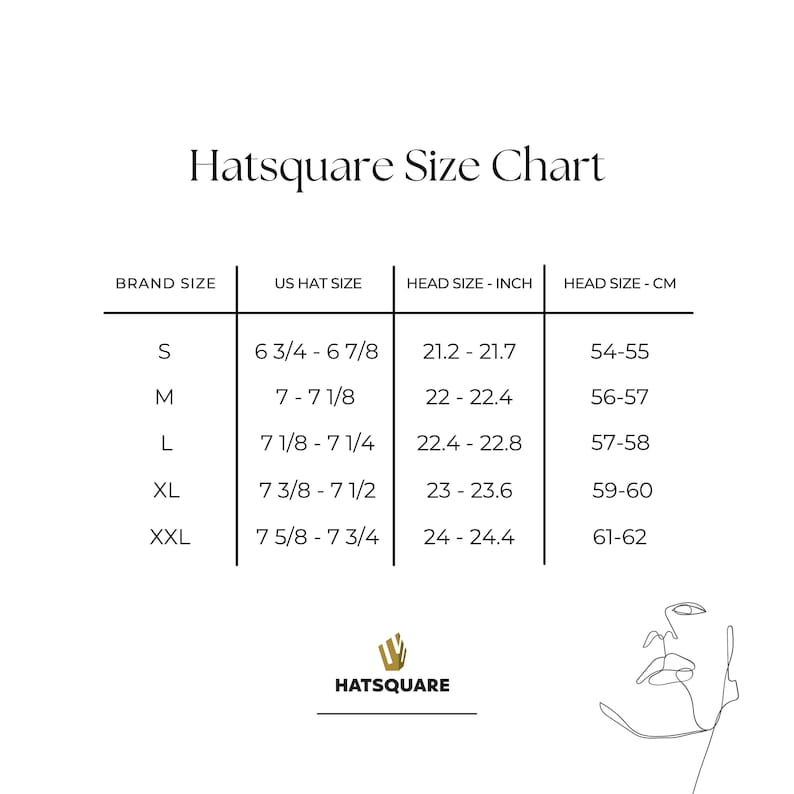 May include: Hatsquare size chart showing brand size, US hat size, head size in inches, and head size in centimeters. Sizes range from S to XXL.