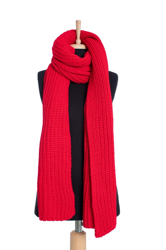 Red Oversize Extra Long Chunky Scarf, Unisex Winter Hand Knitted