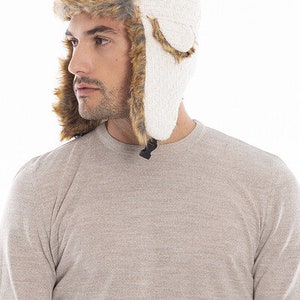 Bonnet aviateur en tissu à tricoter pour homme, chapeau en peau de mouton Faux Shearling, casquette de trappeur, chapeau d'hiver pour homme, chapeau à long oreillette, cadeau de Noël, cadeau d'anniversaire Blanc