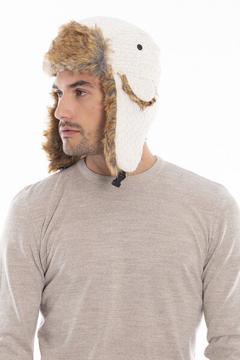 Bonnet aviateur en tissu à tricoter pour homme, chapeau en peau de mouton Faux Shearling, casquette de trappeur, chapeau d'hiver pour homme, chapeau à long oreillette, cadeau de Noël, cadeau d'anniversaire Blanc