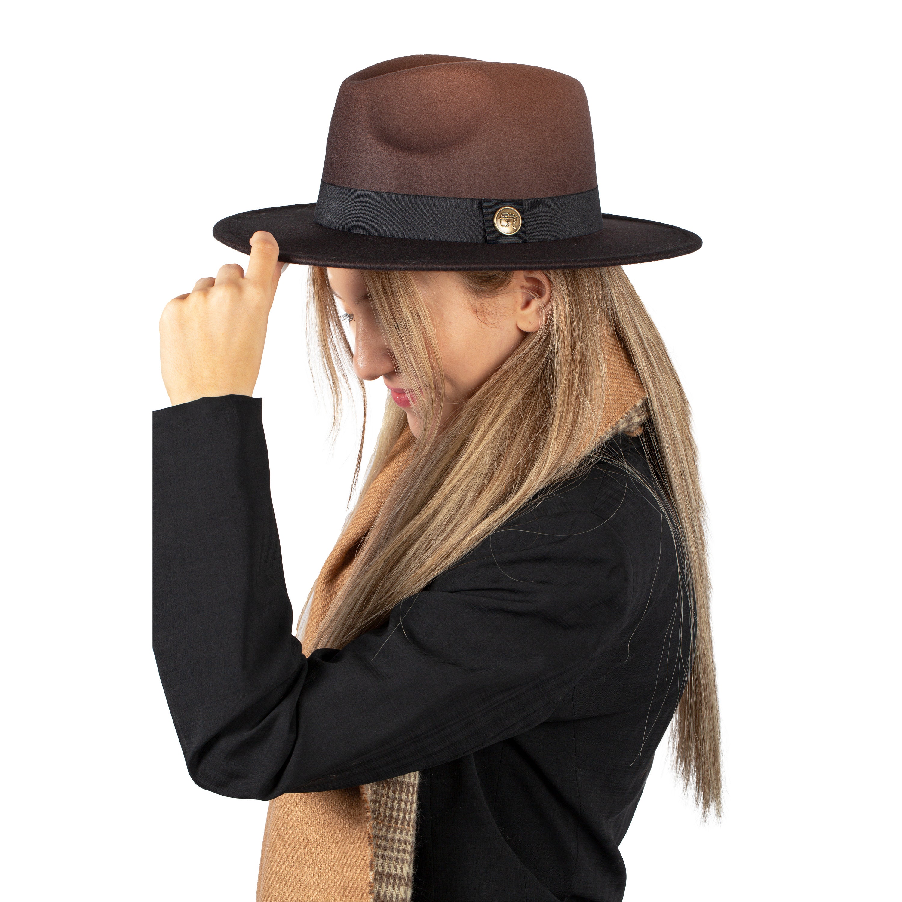 Brown Ombre Fedora Hat, Vegan Felt Stiff Brim Hat, Men  display picture 3