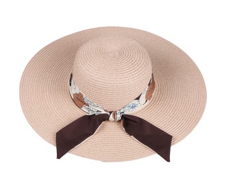 Elegant Cream Sun Hat with Bow Vintage Style Straw Boater Hat: Sheer Ivory Bow, Elegant  main image 3