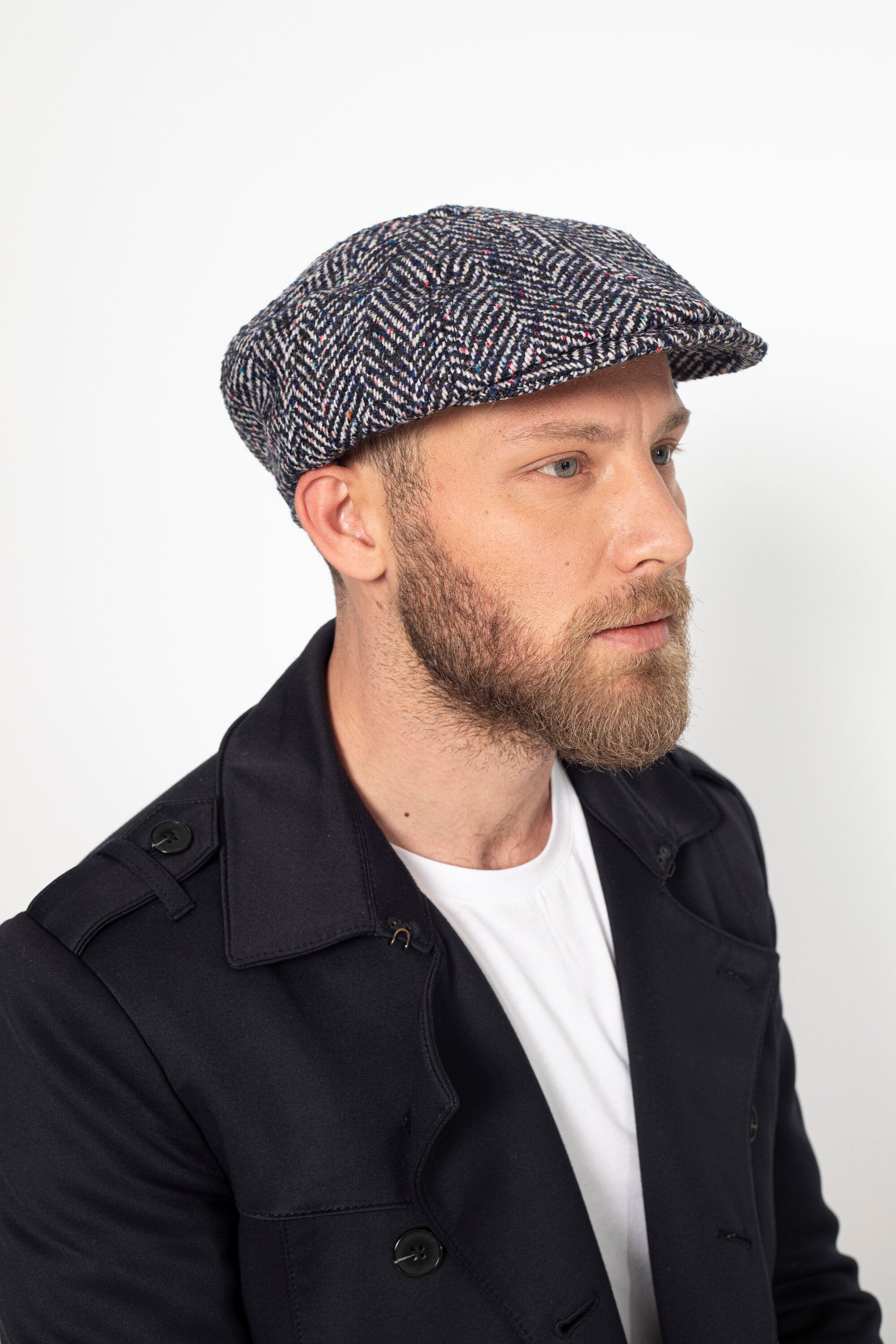 Dark Blue Tweed Wool 8 Panels One Size Cap, Baker Boy Flat Hat