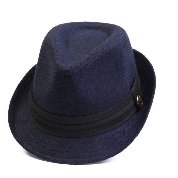 Chapeau polaire Fedora bleu foncé, chapeau d’hiver pour hommes, chapeau Fedora rigide, chapeau Boho homme, chapeau à bord court, chapeau vintage, cadeau de Noël