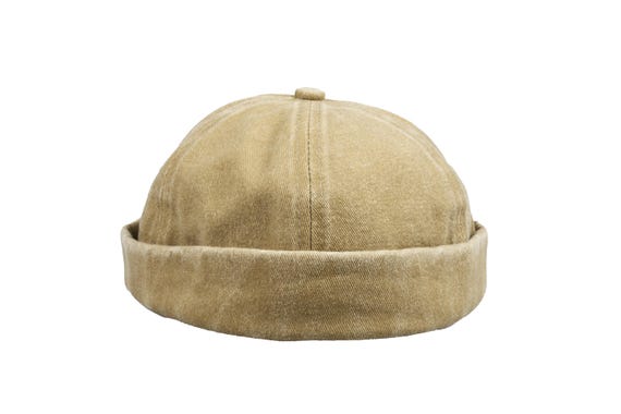 Unisex Docker Cap Hat - Retro Brimless Skullcap Beanie With Adjustable Rolled Cuff, Khaki, One Size Fits Most