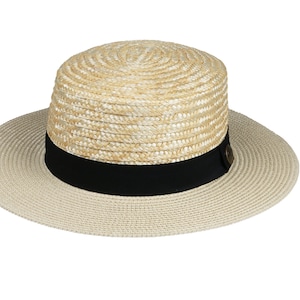 Beige Straw Boater Hat, Summer Men Women Fedora Hat,  Hatsquare Bolero Hat, Straw Wide Brim Hat, Flat Brim, Round Captain Hat, Gondolier Hat