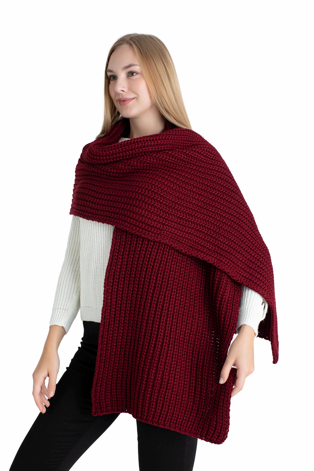 Burgundy Oversize Extra Long Chunky Scarf, Unisex Winter Hand Knitted ...