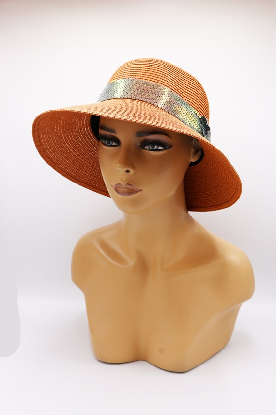 ON SALE Orange Straw Hat With Sequins 